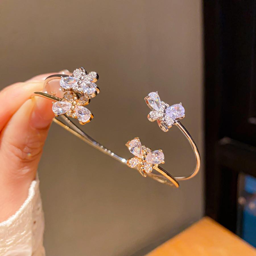 Butterfly Charm Double Layer Open Bracelet With Cubic Zirconia For Fashion Women
