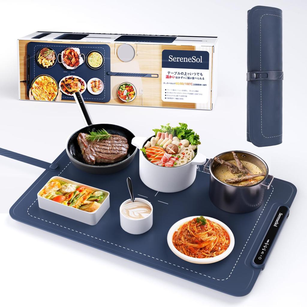 Thin, 3-Temperature Electric Food Warmer Plate with Silicone Heater, Rolls Up for Storage, and Features a Tabletop Heater (Navy)