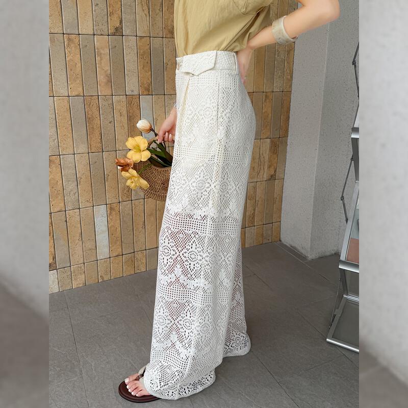 Bailuyu French Retro High-Waist Hollow-Out Embroidered Straight-Leg Pants