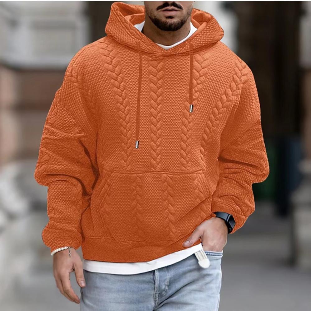New Autumn Men's Plus Size Casual Jacket Jacquard Hooded Solid Color Lace Up Long Sleeved Sweatshirt for Men
