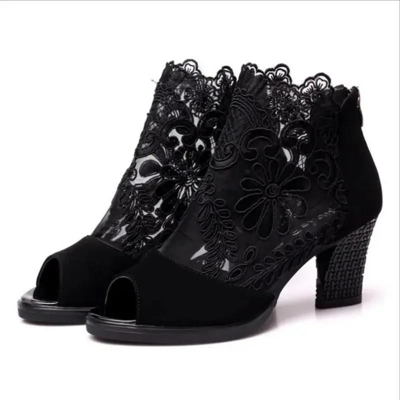 Fashion Sexy Women's High Heels Shoes Fashion Black Women Boots Lace Peep Toe Sandals Mesh Breathable Platform Shoes Female Plus Size 43