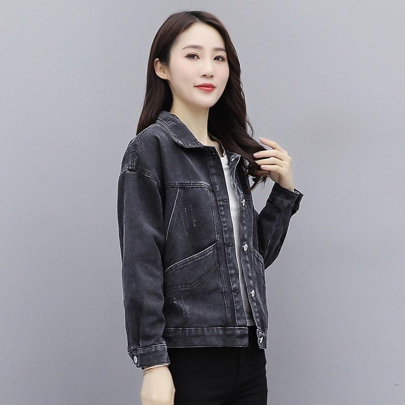 Womens Cropped Denim Jacket With Back Slit Front Button Batwing Sleeves Functional Pockets
