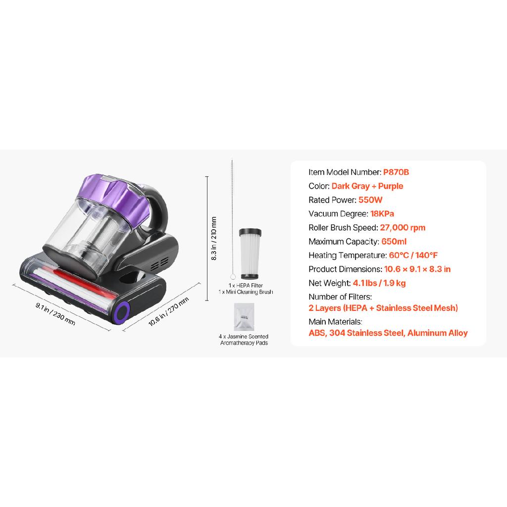 SucceBuy Mattress Vacuum Cleaner w/ 18Kpa Powerful Suction Dual Dust Bin HEPA Filter & Heating Ultrasound Handheld for Bed Sofa