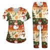 Women's V-Neck Short Sleeve Christmas Print Scrub Set with Pockets Two Piece Caregiver Work Uniform