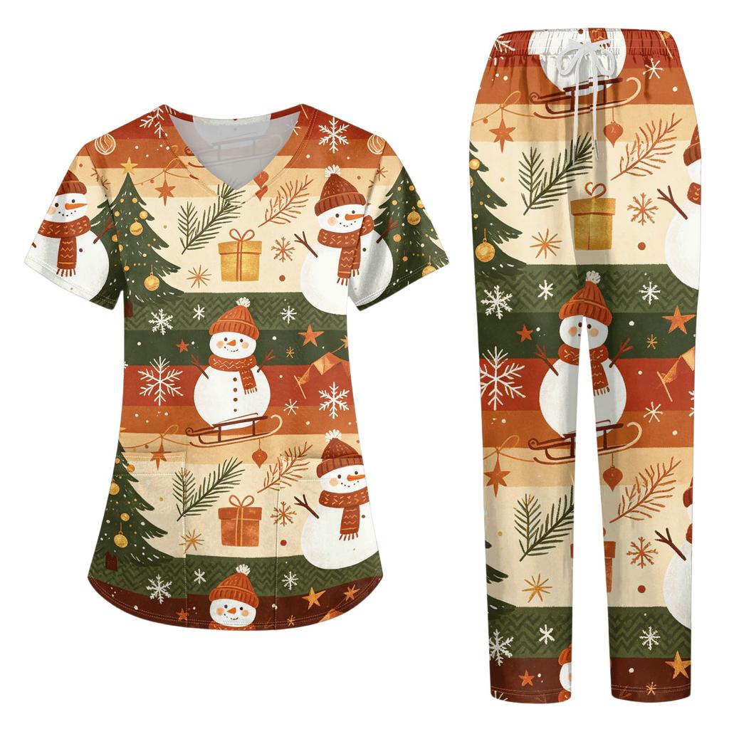Women's V-Neck Short Sleeve Christmas Print Scrub Set with Pockets Two Piece Caregiver Work Uniform