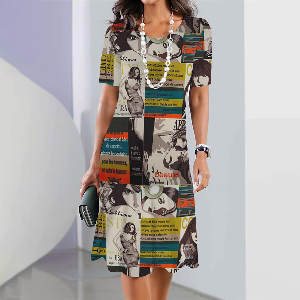 

Новые винтажные платья с графическим принтом для женщин Элегантные платья Летнее платье средней длины Большой размер Женская мода 5XL