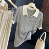 Women's Collar Short Sleeve Knit Top Regular Fit Japanese Korean Casual Cable Knit Sweater Knit Shirt
