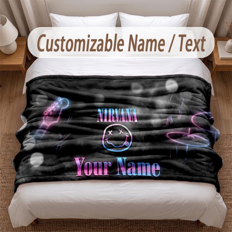 Nirvana Printed Flannel Blanket Custom Name Text Soft Warm Throw For Bedroom Holiday Gift