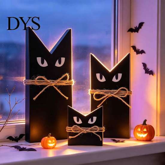 Solid Wood Craft 3 Pcs Halloween Black Cat Wooden Block Sign, Vintage Table Decoration Decorative Cutout with Burlap Rope, Rustic Farmhouse
