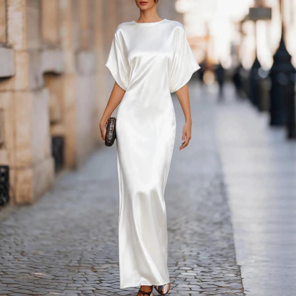 Women's Fashion Round Neck Short Sleeve Long Dress Satin Fabric Elegant Evening Gown Casual Loose Fit Full Length Maxi Dress
