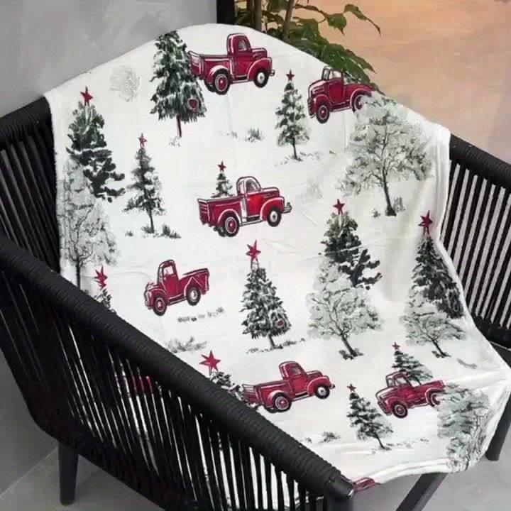 1Pcs Christmas Red Cars And Trees Printed Flannel Blanket Lightweight Soft Throw Soft All-Season Bedspread for Couch Camping Travel