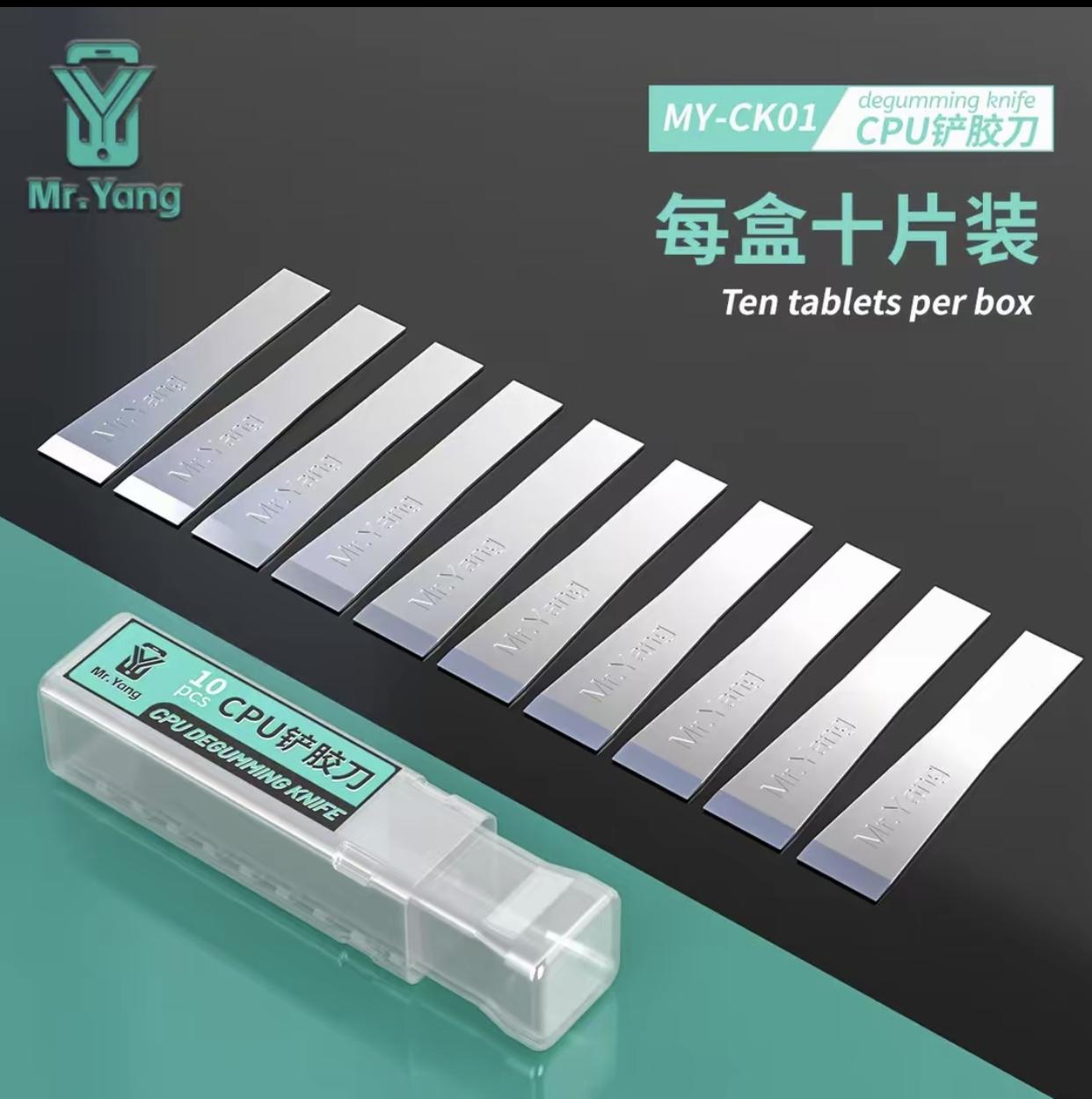 Yang Changshun recommends using the MrYang solder pad scraper to remove adhesive from the phone s motherboard and CPU chip.