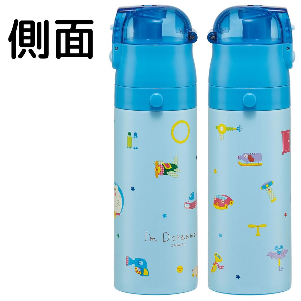 Skater Children's Water Bottle, 2-Way, 470ml (Direct Drinking) or 430ml (Cup Drinking), Sanrio "I'm Doraemon" Gingham Design, Stainless Steel,