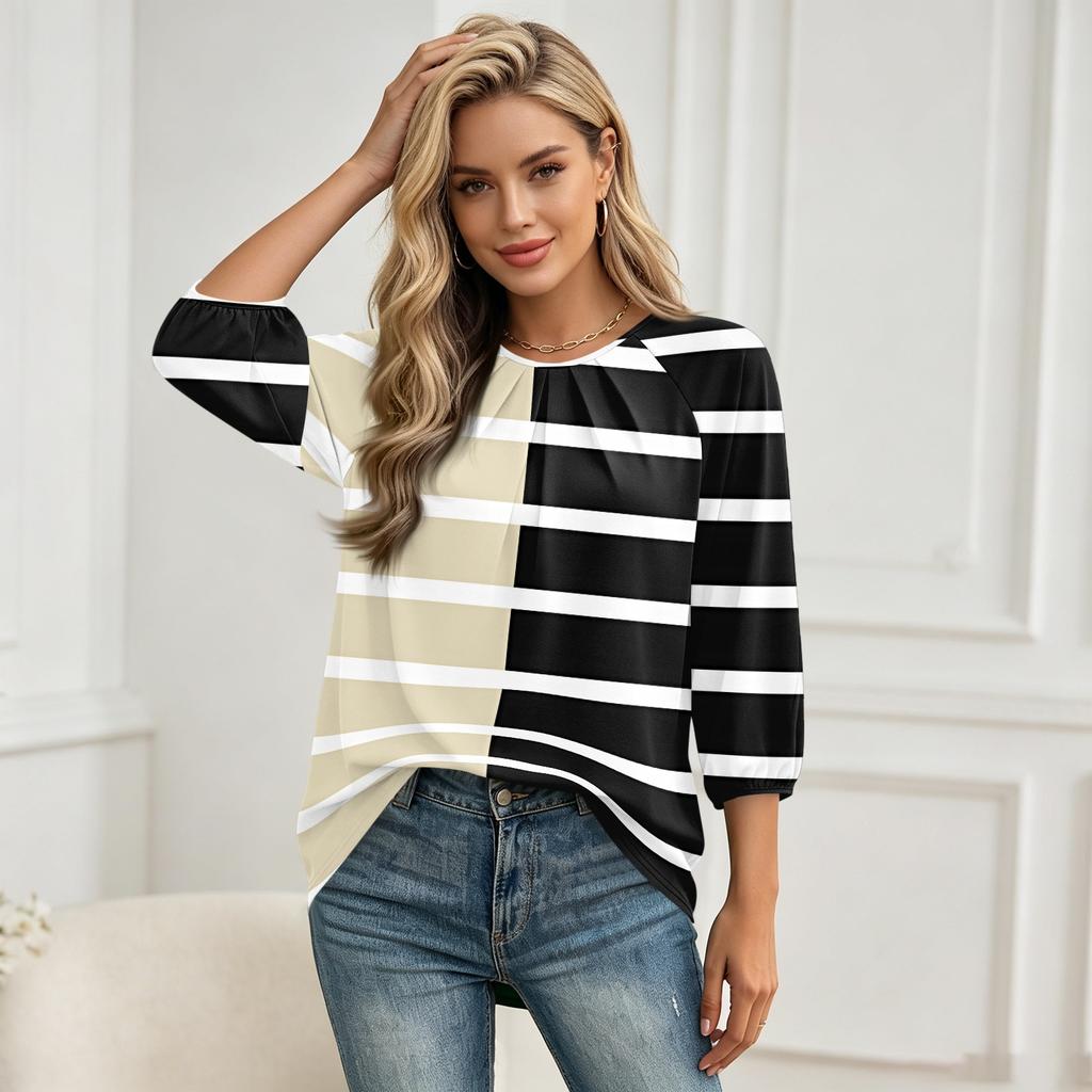 Women Geometric Print 3/4 Sleeve Round Neck Pleated Casual Loose Fit T-Shirt Top for Daily Wear