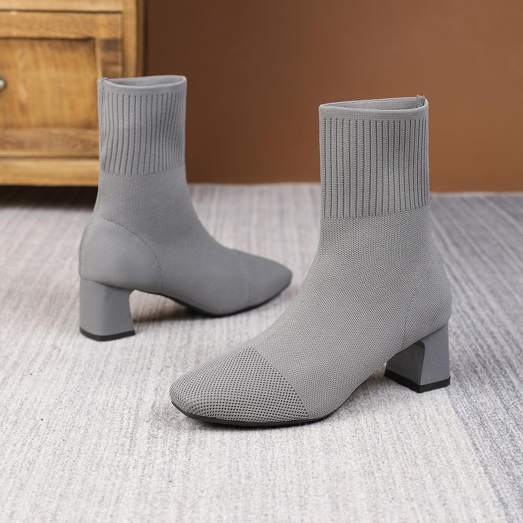 Elastic Boots Women's Winter Elastic Thick Heel Skinny Boots Knitted Socks Boot Black Square Heel Women's Shoes Ankle Bootie