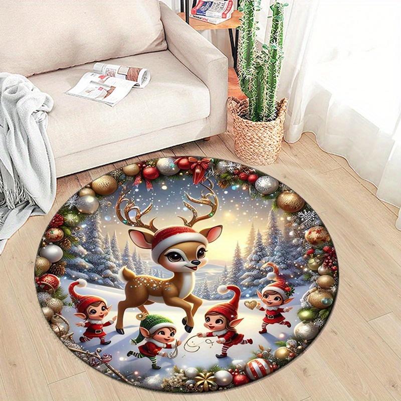 1pc, Christmas Themed Round Area Rug, Crystal Velvet, Xmas Deer Print, Non-Slip Mat, Chair Pad, Home Decor, Bedroom & Living Room, Polyester