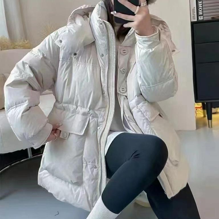 2024 new down jacket women's medium and long hooded thickened white duck down winter fashion loose coat
