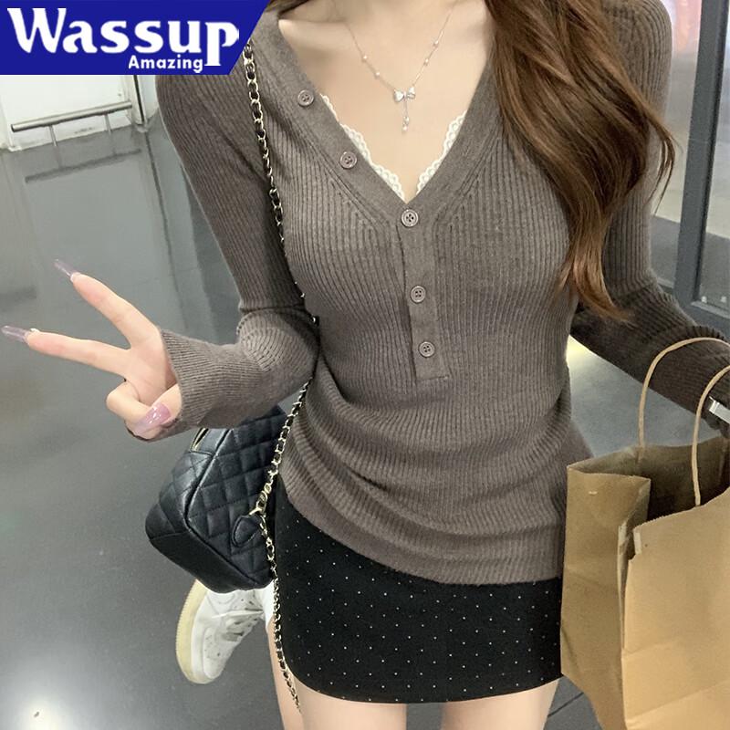WASSUP AMAZING V-Neck Button-Up Knit Top