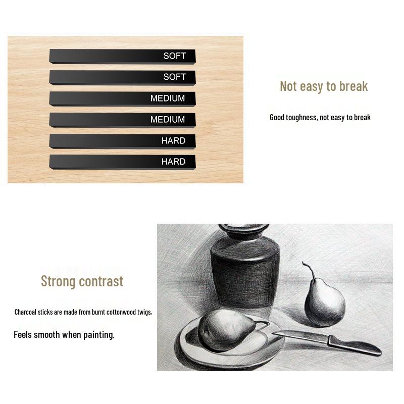 Sketch Square 6-Piece Set: Soft, Medium & Hard Carbon Sticks, Quick Sketch Charcoal & Graphite Pencils for Art & Doodling.