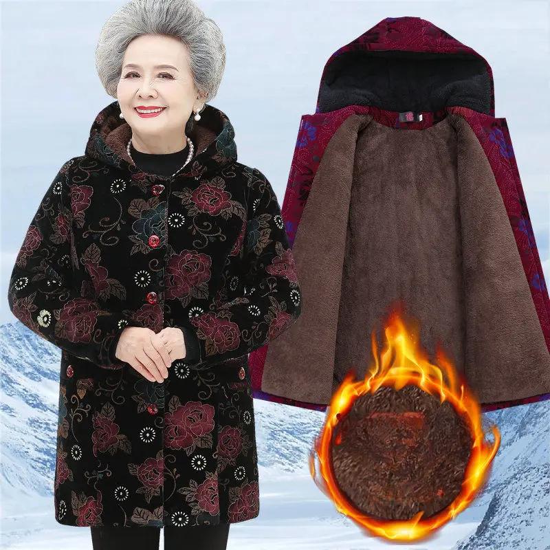 Winterjacke für ältere Damen, 5XL, warme Oberbekleidung für ältere Menschen, dicke warme Parkas mit Samtkapuze, Oma-Parka