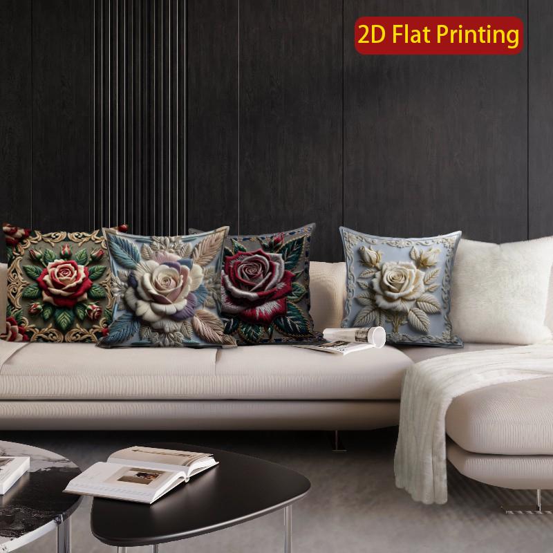 2D Vintage Embossed Rose Floral Throw Pillow Covers Pattern Cushion Cover Suitable For Sofa Bedroom Car Pillow Cover