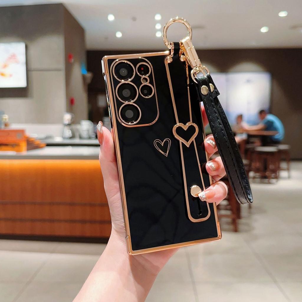 Geeignet für Samsung S25 Ultra Handyhülle S24FE Handschlaufe Halterung Lanyard A56 Galvanisierte Liebes-Schutzhülle