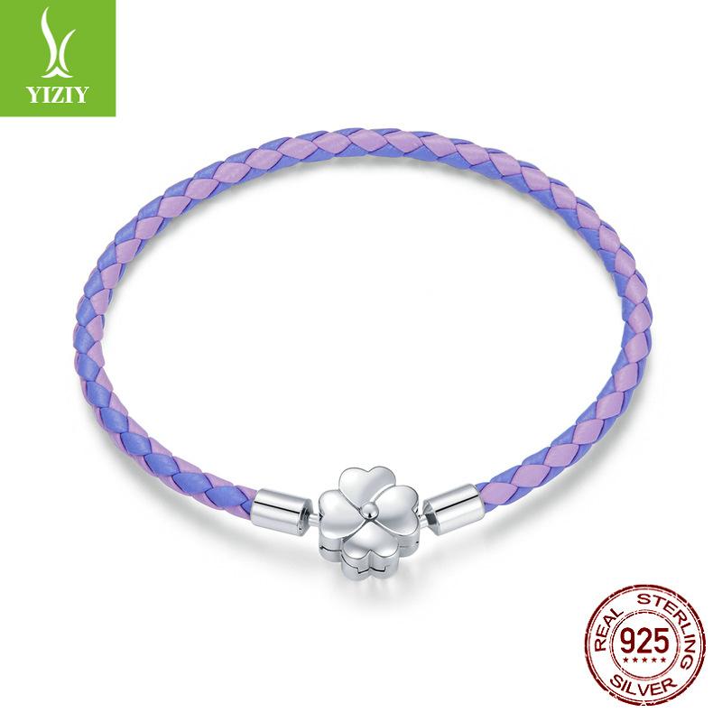 S925 Silver Purple Leather Lucky Bracelet, Dream Girl Leaf Diy Basic Single Bracelet.