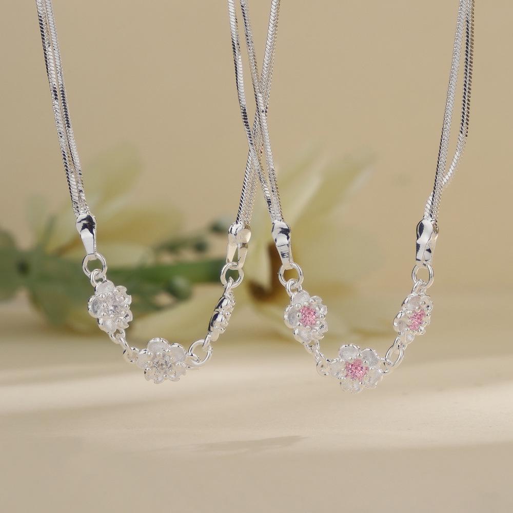Yi Xuan Pink Cherry Blossom Zircon Necklace - Cute Sweet Style Flower Design