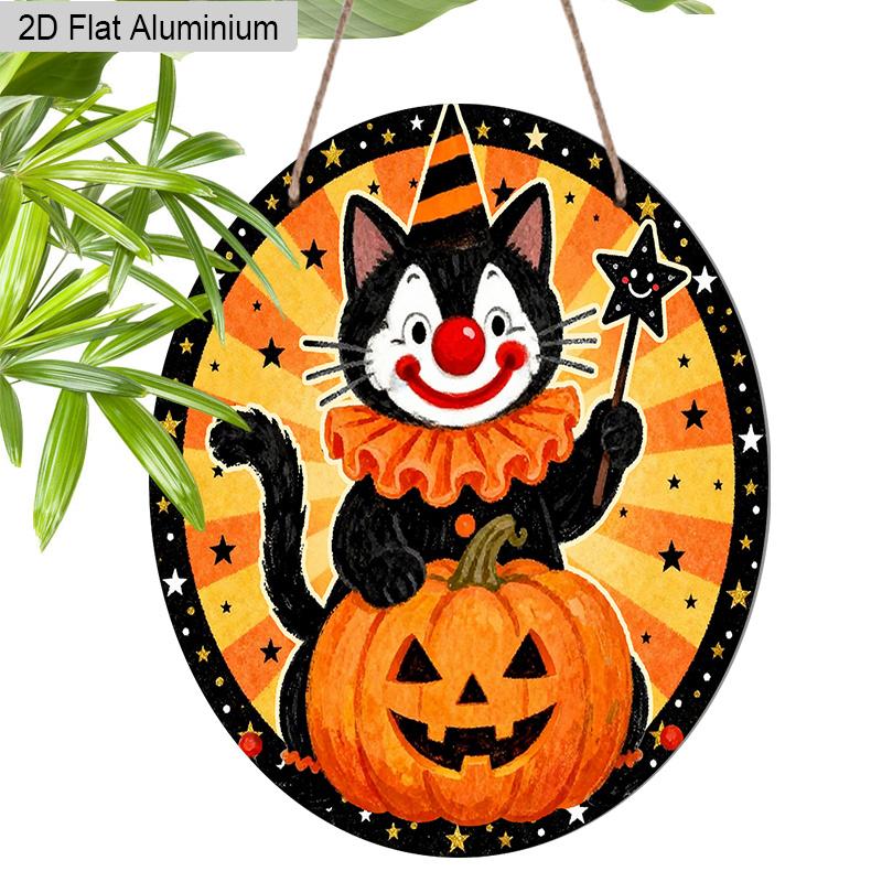 2D Flat Aluminium Halloween Sign with Black Cat & Pumpkin Pattern - Halloween Figurine Ornaments - Ideal for Front Door, Wall, Porch, Fence Decor
