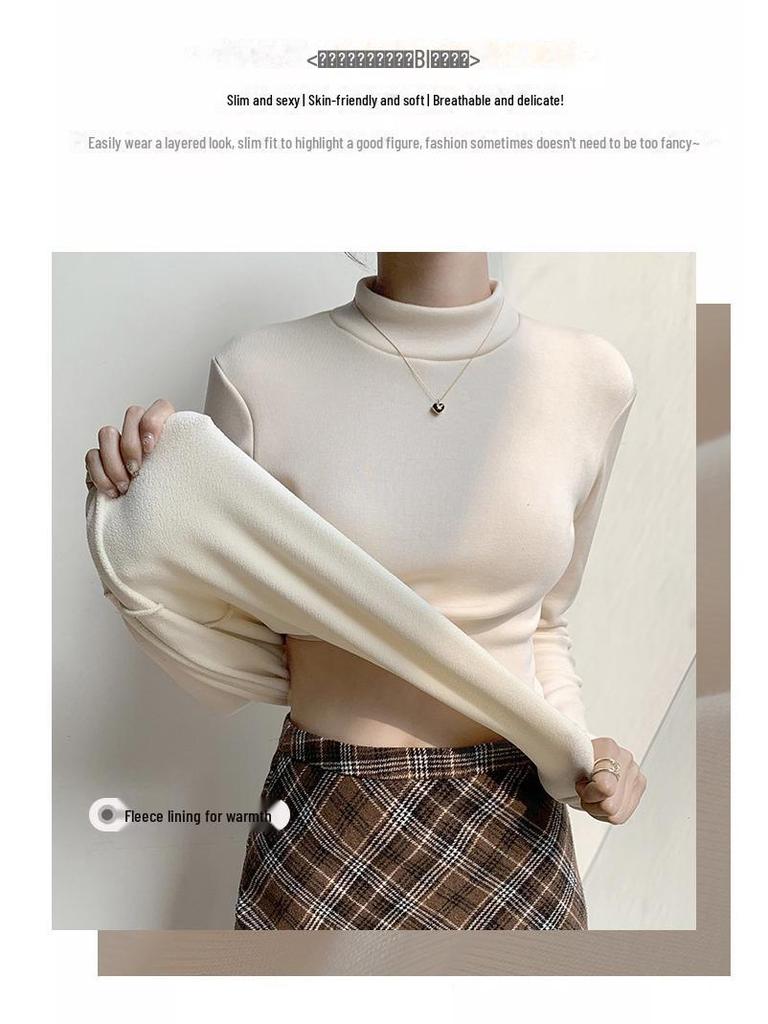 Women's Modal Velvet Half-High Collar Long-Sleeved Slim Warm Bottoming Shirt for Autumn and Winter