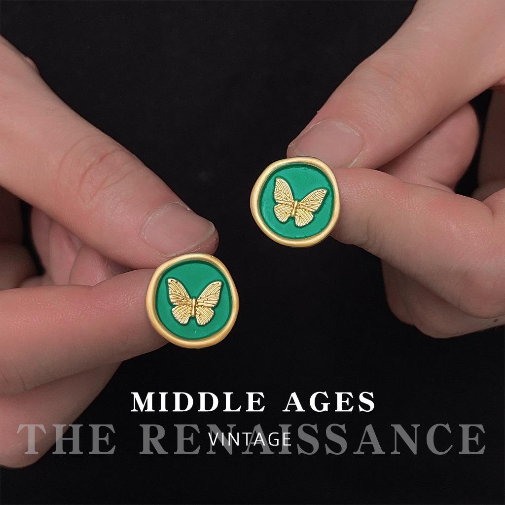 Light medieval enamel drop glaze butterfly round stud earrings retro black gold light luxury geometric earrings