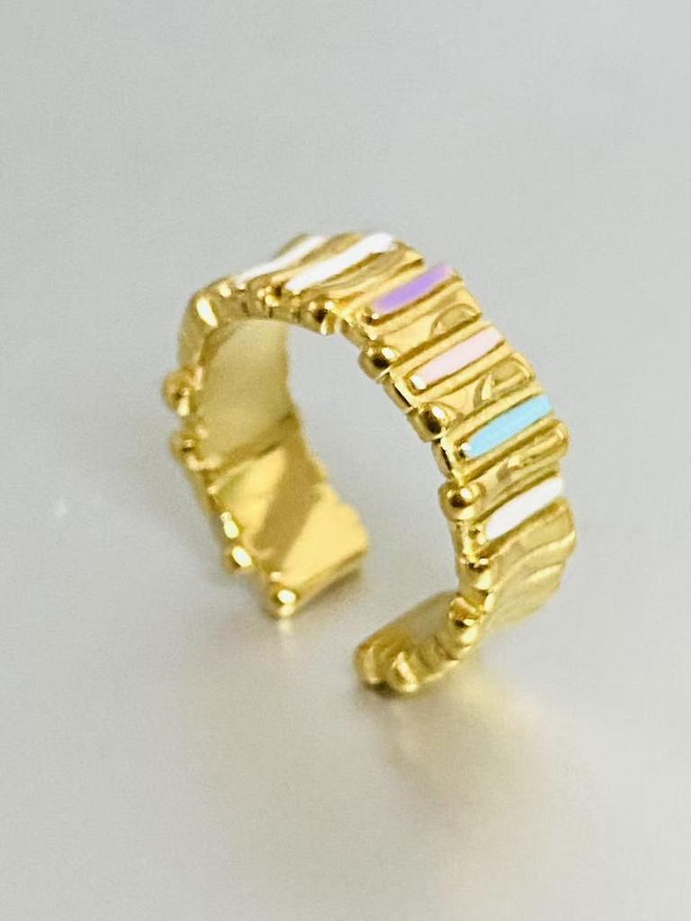 INS European-American Fashion Luxury Ring: 18K Gold Plated, Open Design, Drip Glaze Zircon, Stainless Steel, Versatile Finger Jewelry