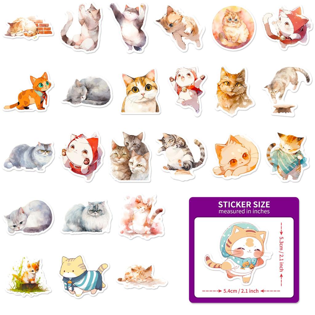 50 Watercolor Cat Stickers Cartoon Cute Cat Watercolor Stickers Decorative Luggage Guitarist Ledger Stickers