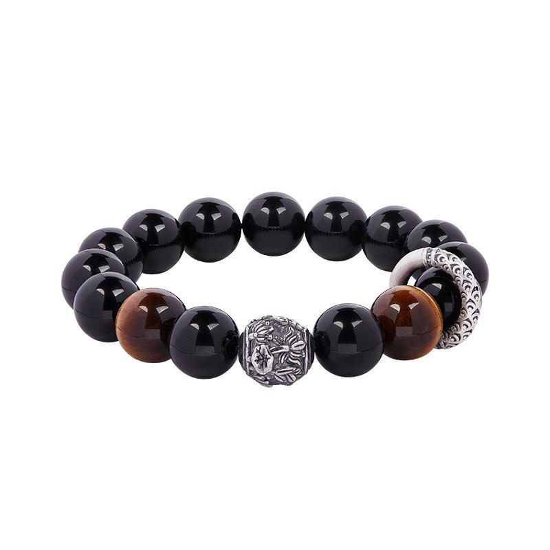 Min Yue S925 Sterlingsilber Sicherheitsverschluss Herren Obsidian & Goldener Tigerauge Perlen Retro Armband - Hochwertiges Geschenk für Freund
