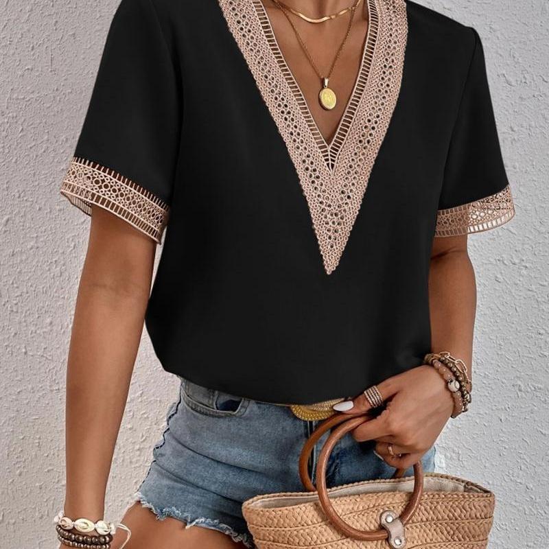 Women's Boho Cap Sleeve Lace Trim V Neck Tops 2026 Summer Casual Loose Beach Vacation Tee Shirts Blouse