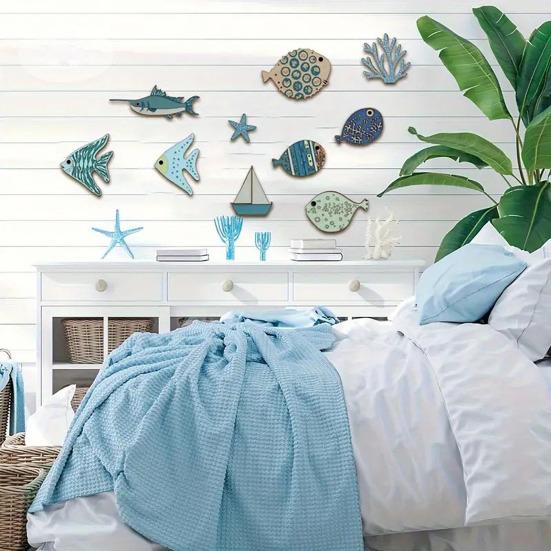 10 Pcs Wood Nautical Wall Decor Rustic Beach Theme Fish Starfish Sailboat Coral Wall Art Coastal Ocean Hanging Sculpture for Living Room Bedroom