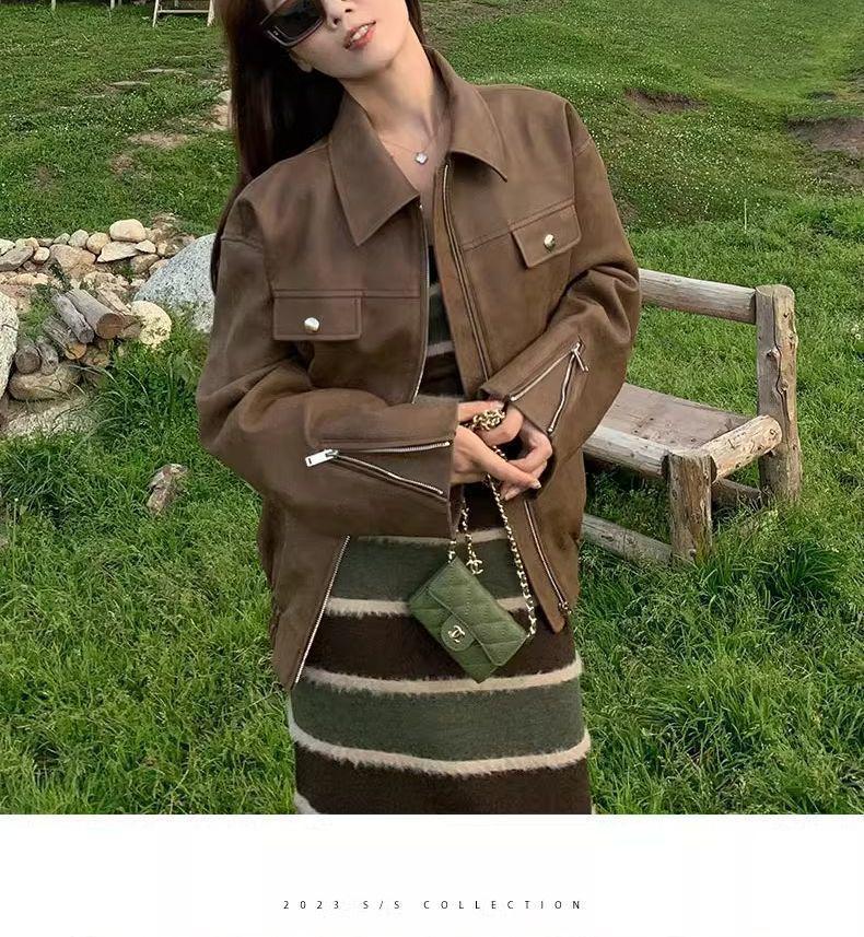 Women's Brown PU Leather Retro Motorcycle Jacket for Spring & Autumn