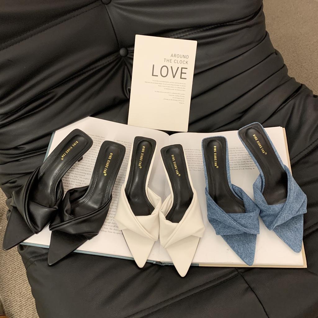 High Heels Women Spring and Summer Wear Pointed Slippers Kitten Heel Slippers Open Toe Fashion Denim Cool Slippers Women