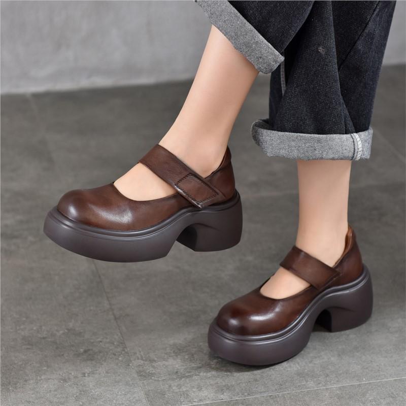Johnature Thick Soled High Heels Pumps Genuine Leather Round Toe Thick Heel Women's Platform Shoes