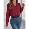 Elegant Fashion Layered V-neck Long Sleeved Women Shirt Solid Color Loose Casual Simple Office Blouse Ladies Basic Spring Autumn Tops Women's Clothing