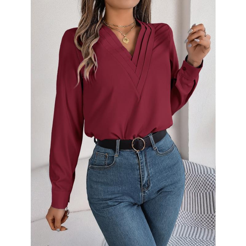 Elegant Fashion Layered V-neck Long Sleeved Women Shirt Solid Color Loose Casual Simple Office Blouse Ladies Basic Spring Autumn Tops Women's Clothing