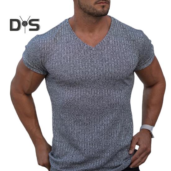 Tricou cu mânecă scurtă pentru bărbați, cu decolteu în V, pentru fitness, cu dungi sportive, de culoare uni, Tricou, îmbrăcăminte de gimnastică respirabilă, pentru sport, călătorii, birou