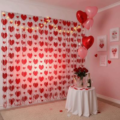 Heart Pattern Love Rain Curtain Hanging Foldable Valentine's Day Party Backdrop Self-adhesive Widely Application