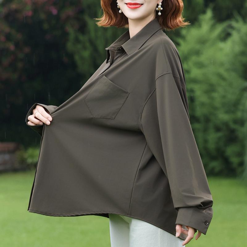 Plus Size Women's Loose Long Sleeve Button-Down Shirt, Solid Color Casual Office Blouse (3XL-7XL)