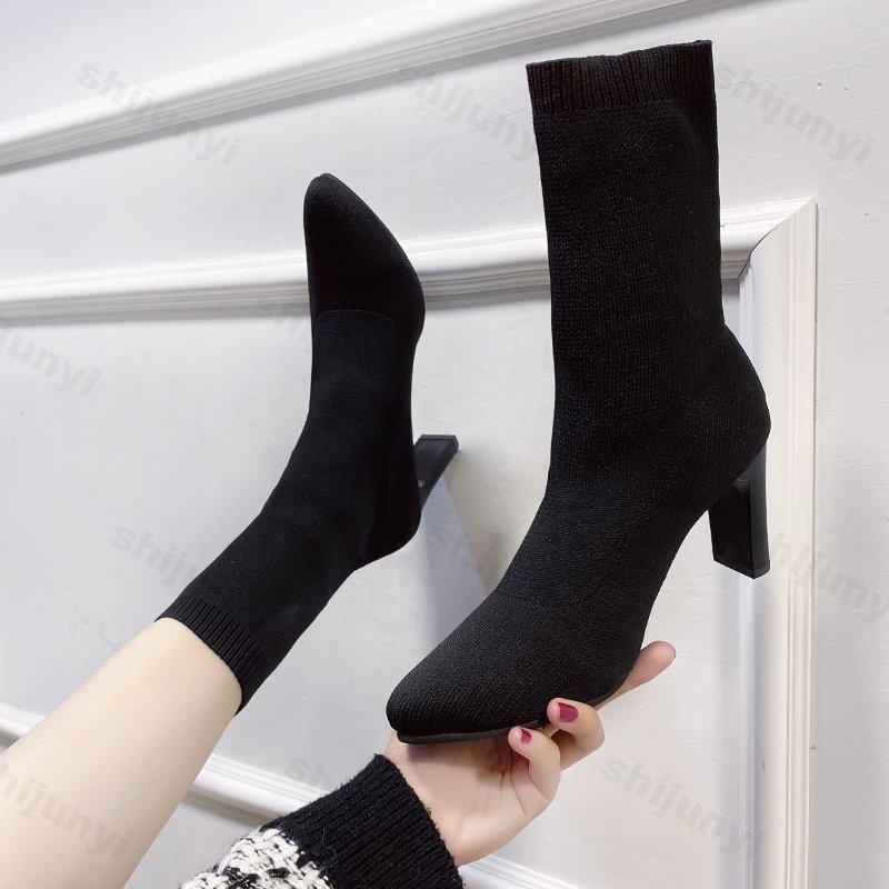 Fashion Women Ankle Boots 2025 Autumn Pointed Toe Knitting High-heel Boots Fashion Retro Square Heel Comfortable Socks Boots Botas Mujer