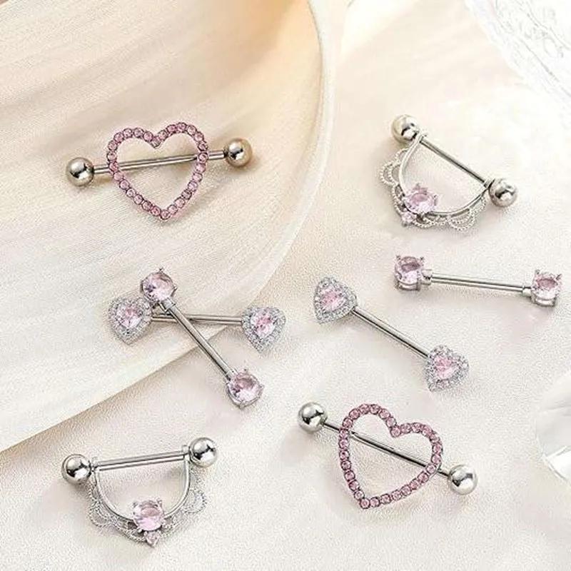 Rosa Herz Brustwarzenpiercing Stange Set Glänzende Kristall Brustwarzenringe Großpackung Für Frauen Blume Brustwarzen Schmuck Packung Piercing Teton Mengen