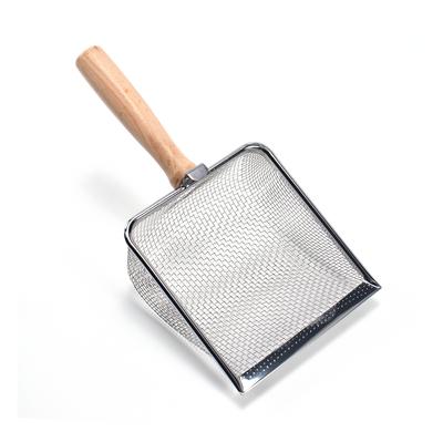 Mesh Net Cat Poop Scoop Wooden Handle Stainless Steel Sifter Deep Pocket With Hanger Hook