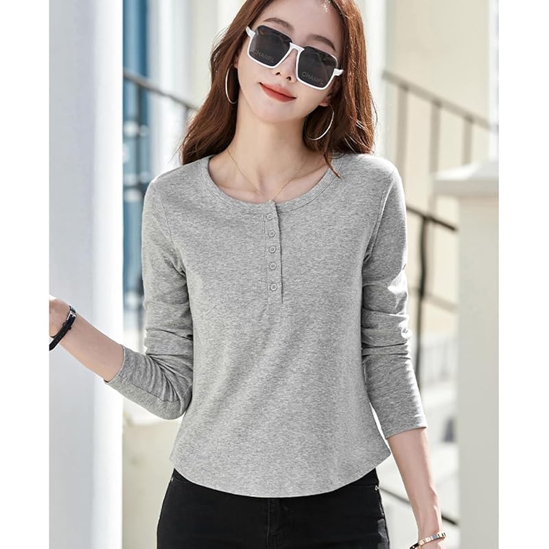 [JHIJSC] t-shirt ladies long sleeve spring cotton tight Plain color Fashionable cute big size (JP, alphabet, L, gray)