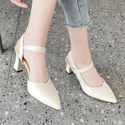 Baotou Sandals Women's Summer Spring 2025 New Thick Heel Medium Heel One Word with Fashion Women's Shoes Casual High Heel