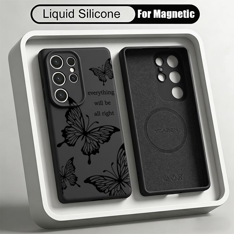 Goldern Sketch Butterfly Case For Samsung Galaxy S26 S25 Ultra S24 Plus S23 S22 Ultra Magnetic For Magsafe Liquid Silicone Cover